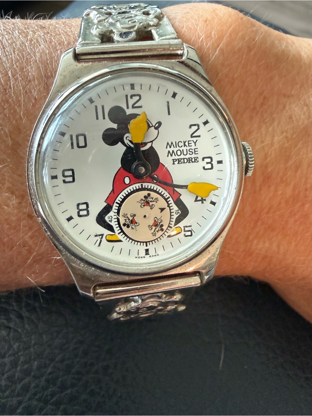 Vintage Pedre Mickey Mouse 1933 Replica Watch Silver Link Band w/safety chain
